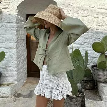 Женская рубашка с v-образным вырезом, свободная посадка, однотонная летняя рубашка на шнуровке, цветная рубашка, топы, рубашка-кардиган с длинным рукавом и бантом S зелёный