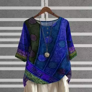 Женская рубашка с винтажным принтом, круглым вырезом, плюс размер, рукава три четверти, матч 2XL красный