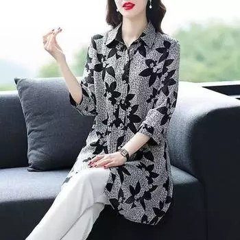 Женская рубашка с воротником поло, модная, три четверти, женская, повседневная, свободная, на пуговицах, кардиган, элегантный, с принтом, средней длины M