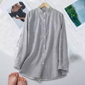 Женская рубашка с воротником-стойкой, длинным рукавом, однобортная рубашка, вертикальный полосатый принт, свободный крой, офисная женская блузка M розовый