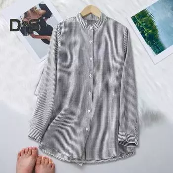 Женская рубашка с воротником-стойкой, длинным рукавом, однобортная рубашка, вертикальный полосатый принт, свободный крой, офисная женская блузка M синий