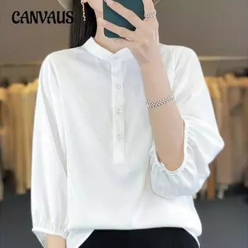 Женская рубашка с воротником-стойкой и рукавами-фонариками, свободный повседневный топ M белый