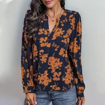 Женская рубашка с воротником-стойкой и V-образным вырезом, с длинным рукавом и принтом, свободный крой, тонкая повседневная рубашка S темно-синий