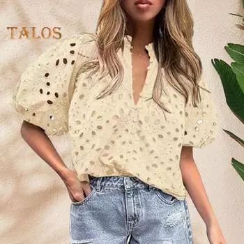 Женская рубашка с воротником-стойкой и V-образным вырезом, коротким рукавом, ажурным вышитым цветочным узором, кружевная блузка, повседневные нарядные топы S розовый