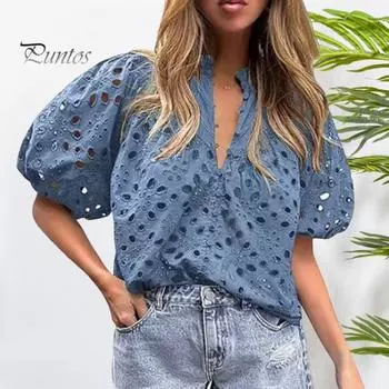 Женская рубашка с воротником-стойкой и V-образным вырезом, коротким рукавом, ажурным вышитым цветочным узором, кружевная блузка, повседневные нарядные топы S розовый