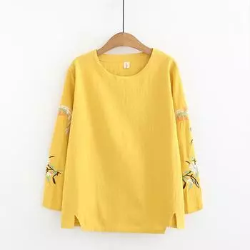 Женская рубашка с вышивкой, блузка с длинным рукавом, базовое пальто, весенне-осенняя футболка в стиле ретро, большие размеры 4XL белый