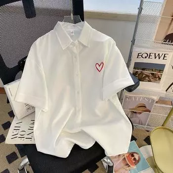 Женская рубашка с вышивкой Love, лето 2023, корейская версия, белая блузка, женский шикарный однотонный офисный женский топ с лацканами M белый