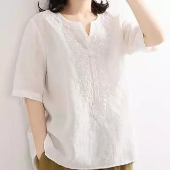 Женская рубашка с вышивкой, V-образным вырезом, лето 2024 г., свободный крой, смесь хлопка и льна, короткие рукава, ретро-этнический стиль, однотонный цвет. L 50-57.5kg