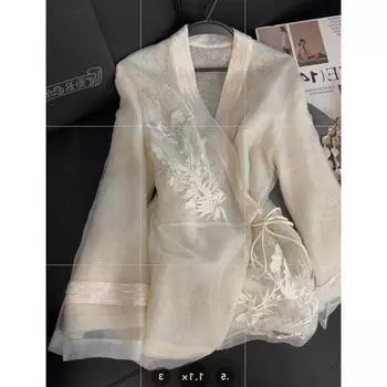 Женская рубашка с вышивкой в китайском стиле с сетчатым узором «Фея» и V-образным вырезом XL белый