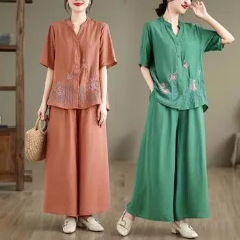 Женская рубашка с вышивкой в стиле ретро, комплект из двух частей и широких брюк M серый