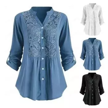 Женская рубашка с запонками, V-образным вырезом, на пуговицах, средней длины, кружевная свободная блузка больших размеров с цветочной вышивкой, с длинными рукавами для поездок на работу, свиданий и повседневных поездок M белый