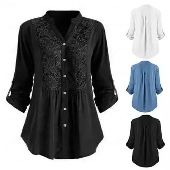 Женская рубашка с запонками, V-образным вырезом, на пуговицах, средней длины, кружевная свободная блузка больших размеров с цветочной вышивкой, с длинными рукавами для поездок на работу, свиданий и повседневных поездок M чёрный