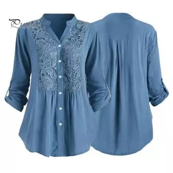 Женская рубашка с запонками, V-образным вырезом, на пуговицах, средней длины, кружевная свободная блузка больших размеров с цветочной вышивкой, с длинными рукавами для поездок на работу, свиданий и повседневных поездок M синий