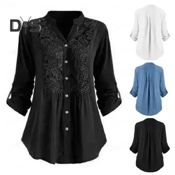 Женская рубашка с запонками, V-образным вырезом, на пуговицах, средней длины, кружевная свободная блузка больших размеров с цветочной вышивкой, с длинными рукавами для поездок на работу, свиданий и повседневных поездок M синий