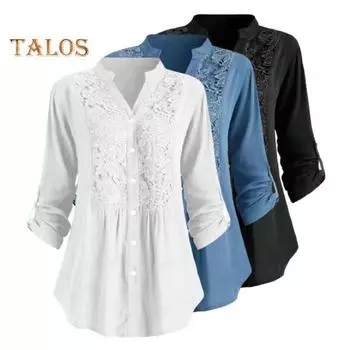 Женская рубашка с запонками, V-образным вырезом, на пуговицах, средней длины, кружевная свободная блузка больших размеров с цветочной вышивкой, с длинными рукавами для поездок на работу, свиданий и повседневных поездок M белый
