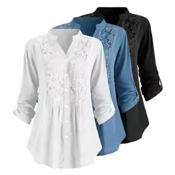 Женская рубашка с запонкой V-образный вырез на пуговицах средней длины кружево свободный плюс M белый