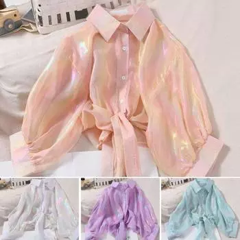 Женская рубашка с защитой от солнца, рубашка с лацканами 3/4, яркая рубашка радужного цвета, однобортный топ с галстуком-бабочкой, тонкая шифоновая рубашка зелёный