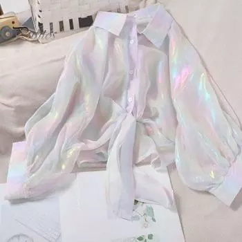 Женская рубашка с защитой от солнца, рубашка с лацканами 3/4, яркая рубашка радужного цвета, однобортный топ с галстуком-бабочкой, тонкая шифоновая рубашка зелёный