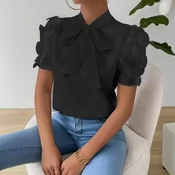 Женская рубашка с завязанным бантом на вырезе горловины, сетчатая жаккардовая рубашка с короткими рукавами, повседневная рубашка, однотонная блузка, повседневная одежда S абрикосовый