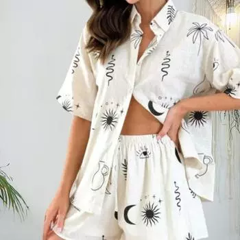 Женская рубашка, шорты, 2 предмета в комплекте, однобортный свободный костюм с лацканами и короткими рукавами, тонкая резинка на талии L