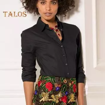 Женская рубашка Slim Fit, хлопковая однобортная блузка с длинным рукавом, однотонная рубашка с лацканами на весну и осень для работы, вечеринки, свидания XL чёрный