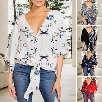 Женская рубашка со шнуровкой и декором в виде узла с рукавами три четверти и глубоким V-образным вырезом 4XL черный белый