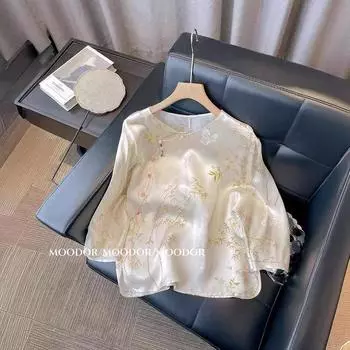 Женская рубашка со средним рукавом и принтом в стиле ретро «Бамбук» — легкая и стильная для лета Large