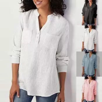 Женская рубашка сплошного цвета с V-образным вырезом Осень-зима Карманы с длинным рукавом 2XL синий