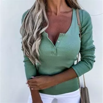 Женская рубашка, сплошной цвет, тонкий пуловер с V-образным вырезом и пуговицами, блузка 2XL синий