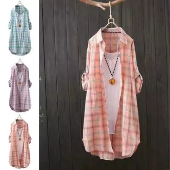 Женская рубашка средней длины, пальто с лацканами, однобортная рубашка с длинным рукавом, клетчатый принт, весенне-осенняя рубашка, верхняя одежда S серый/оранжевый
