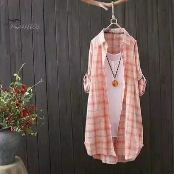 Женская рубашка средней длины, пальто с лацканами, однобортная рубашка с длинным рукавом, клетчатый принт, весенне-осенняя рубашка, верхняя одежда S розовый