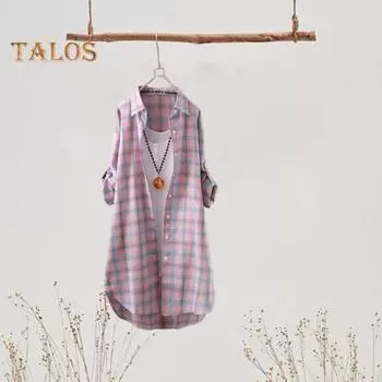 Женская рубашка средней длины, пальто с лацканами, однобортная рубашка с длинным рукавом, клетчатый принт, весенне-осенняя рубашка, верхняя одежда S розовый