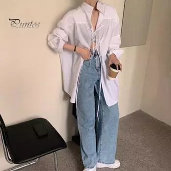 Женская рубашка средней длины с лацканами и длинным рукавом, однобортная рубашка с галстуком-бабочкой сзади, однотонная рубашка свободного покроя 2XL белый