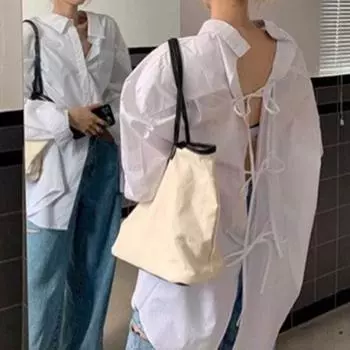 Женская рубашка средней длины с лацканами и длинным рукавом, однобортная рубашка с галстуком-бабочкой сзади, однотонная рубашка свободного покроя XXL белый