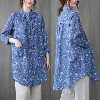 Женская рубашка-стойка, длинные топы с цветочными рукавами, свободный воротник, пуговицы с принтом, базовая рубашка средней длины, повседневная L белый