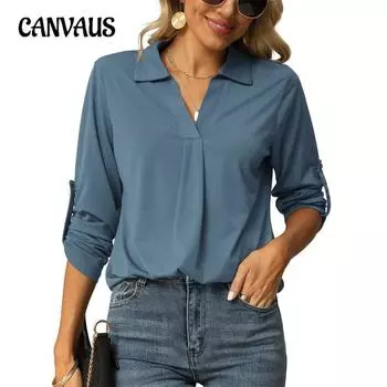 Женская рубашка-стрейч с V-образным вырезом и длинными рукавами на весну и осень S серо голубой