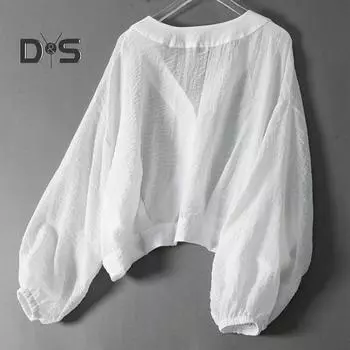 Женская рубашка свободного кроя с V-образным вырезом и длинным рукавом, застежкой на две пуговицы, однотонная рубашка свободного кроя в стиле кэжуал XL белый