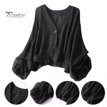 Женская рубашка свободного кроя с V-образным вырезом и длинным рукавом, застежкой на две пуговицы, однотонная рубашка свободного кроя в стиле кэжуал XXL чёрный