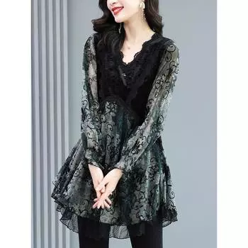 Женская рубашка свободного кроя с V-образным вырезом и принтом в стиле ретро, весна-лето и осень, большой размер 4XL чёрный