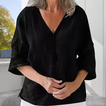 Женская рубашка свободного кроя с V-образным вырезом и рукавом 3/4, летняя застежка на пуговицы, однотонная повседневная футболка на каждый день S темно-коричневого