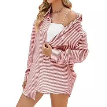 Женская рубашка свободного кроя в полоску большого размера с длинными рукавами на весну и осень в стиле BF S синий