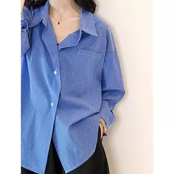 Женская рубашка свободного кроя в синюю полоску Juzhi 2025 - корейский стиль, модный топ ранней весны Medium синий