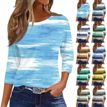 Женская рубашка свободного покроя с рукавом семь четвертей в полоску в стиле ретро с круглым вырезом L синий