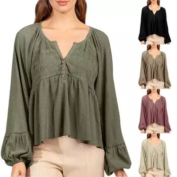 Женская рубашка свободного покроя с V-образным вырезом и длинными рукавами, в стиле кэжуал, с плиссировкой и плетением L армия зеленый