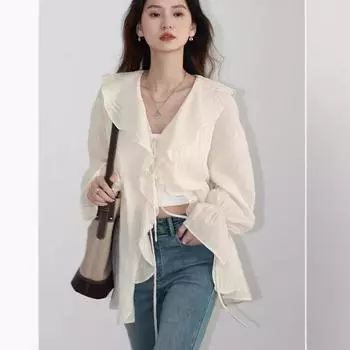 Женская рубашка, свободные повседневные женские блузки с рюшами по краям, женские рубашки средней длины на шнуровке с v-образным вырезом, весна-лето-осень L чёрный