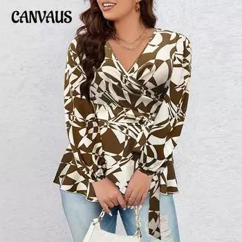 Женская рубашка темпераментный стиль пригородный стиль цветочный плюс размер рубашка с V-образным вырезом и длинными рукавами осенний кардиган с завязкой на талии 1XL коричневый/абрикосовый