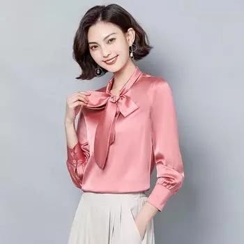 Женская рубашка тонкого кроя весна-осень Four Seasons Plus Size, однотонная, с длинными рукавами и бантом, тонкая, рабочая одежда, профессиональная рубашка 3XL