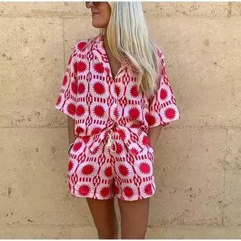 Женская рубашка-топ и брючный костюм с геометрическим принтом, короткий рукав с лацканами, блузка с карманами, эластичные шорты с высокой талией, пляжный наряд, комплект из 2 предметов S