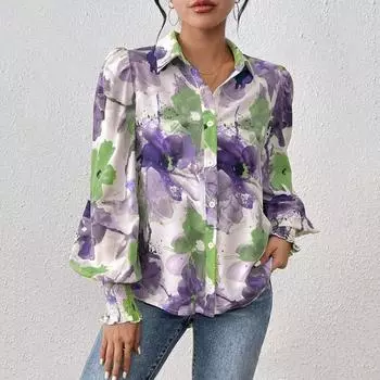 Женская рубашка-топ с цветочным принтом и рукавами-фонариками, весна-лето S