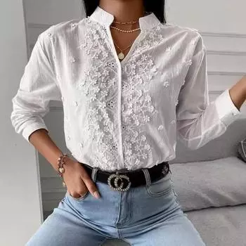 Женская рубашка-топ с длинными рукавами и вышивкой, весна-лето S белый